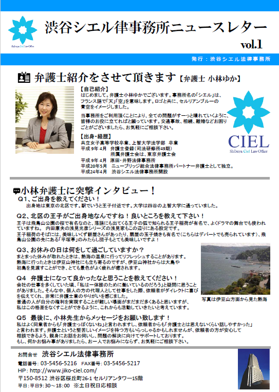 ニュースレター Vol 01 弁護士紹介をさせて頂きます 渋谷の弁護士による交通事故被害者相談